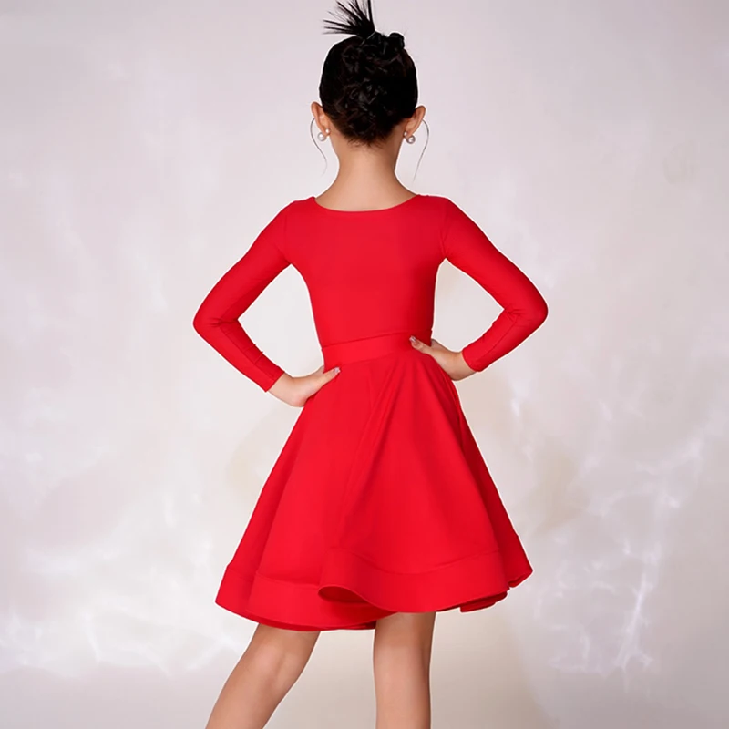 Rotes lateinamerikanisches Tanz-Wettbewerbskleid für Mädchen, professionelles Performance-Kostüm, Rundhalsausschnitt, lange Ärmel, Tanzanzug für Kinder, lateinamerikanisches Kleid 2031