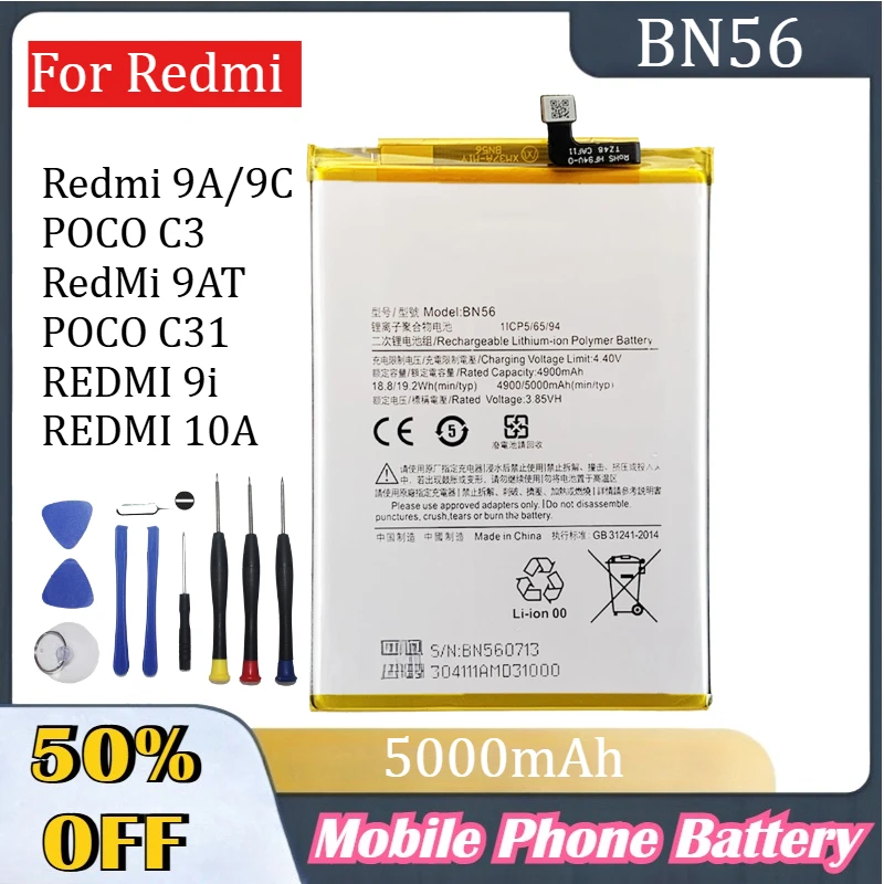 

BN56 5000mAh Phone Battery For Redmi 9A/9C POCO C3 for RedMi 9AT POCO C31 for REDMI 9i 10A Replacement Batteries+Tool Kits