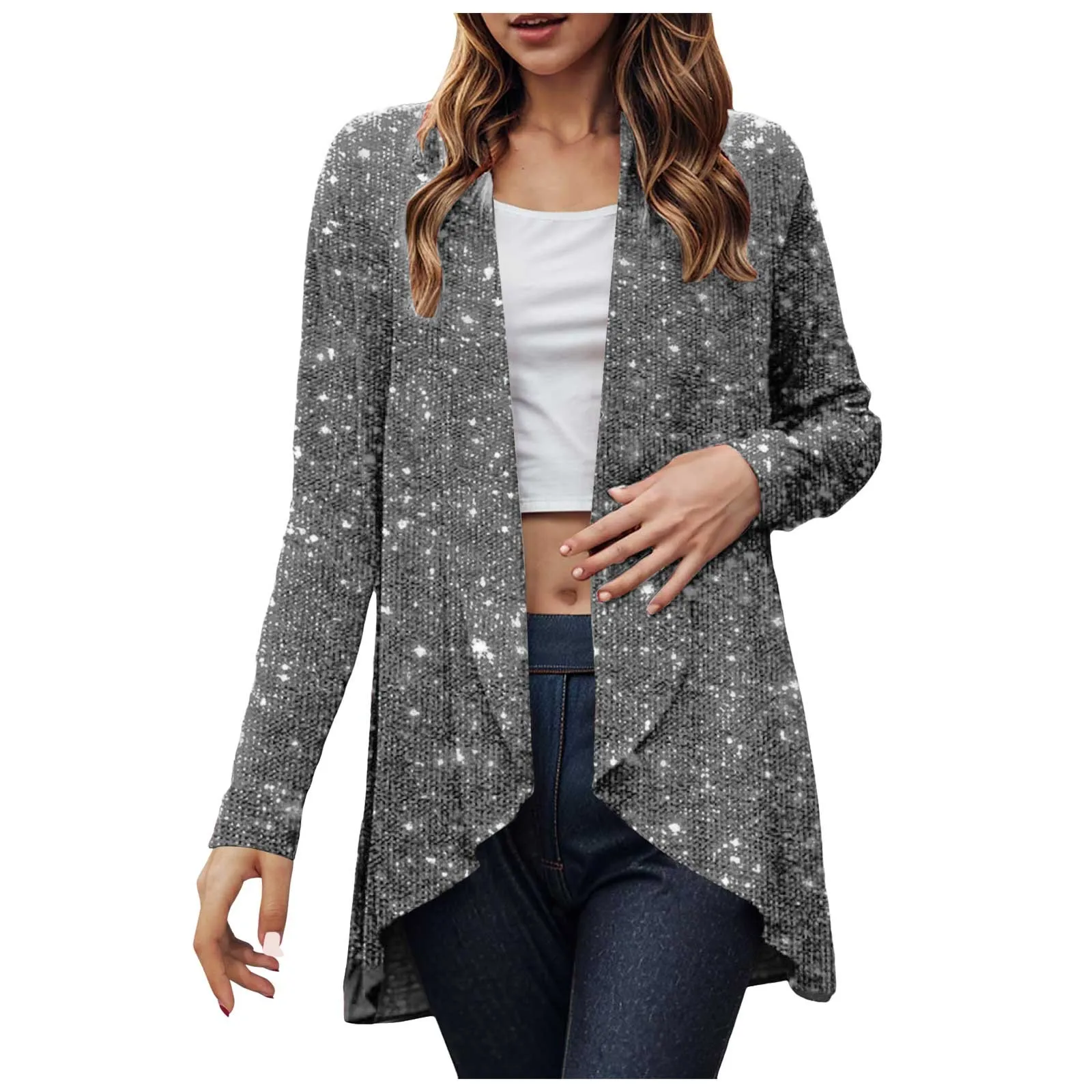 Printemps nouvelles femmes ouvert devant paillettes revers à manches longues vestes élégant carnaval fête à la mode paillettes Cardigan femme manteau Blazer