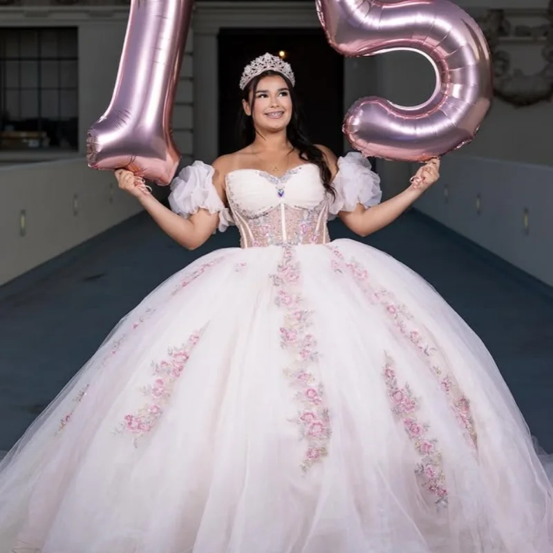 

Customized simple light colour Quinceanera Dresses Off the Shoulder crystal sequin applique Long tail Vestido 15 Quinceanera