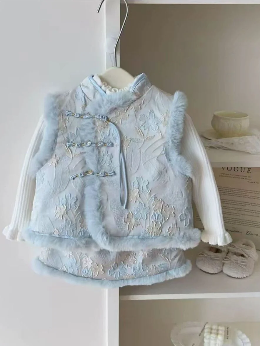 

Комплект для девочек, новый зимний детский корейский модный комплект с жилетом и юбкой в китайском национальном стиле, модный этнический женский комплект...