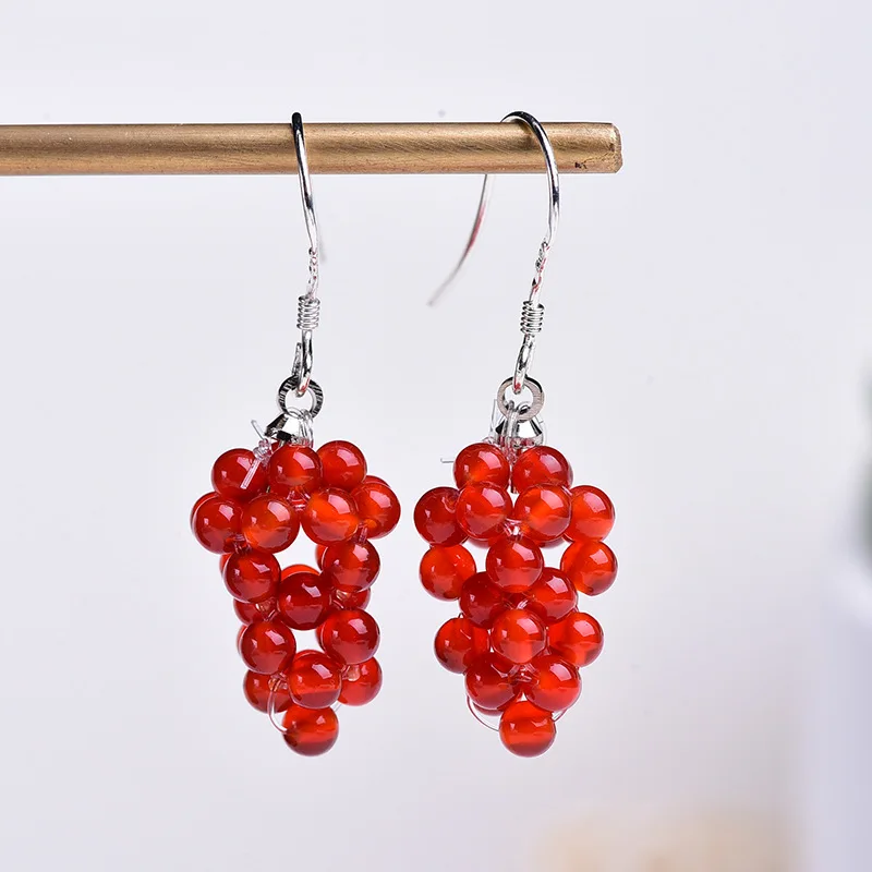 

Natural Wine Red Garnet Hand Carved GRAPE EARRINGS Fashion Boutique Jewelry Men's and Women's 925 Silver Inlaid Earrings