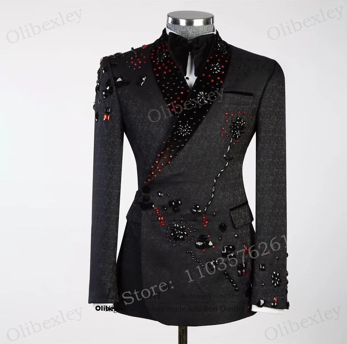 

Fashion Black 2 Piece Suits For Men Customized High Quality Tuxedos Beaded Crystals Slim Fit Luxury Wedding Groom Business Prom