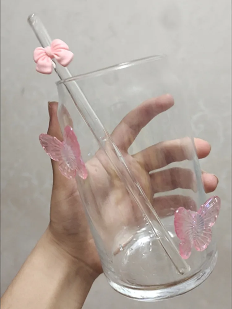 

Glass Cup With Straw For Iced Coffee 3D Butterfly Glass Tumbler 450ML Juice Smoothie Drinking Cups