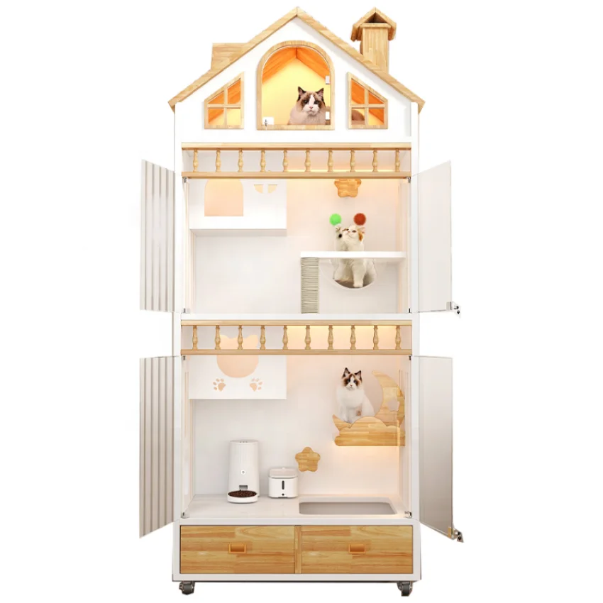 Extra Large Modern Cat Villa Multi-Functional Pet House Playhouse Cage Sisal Scratching Post Spacious Living Room Indoor