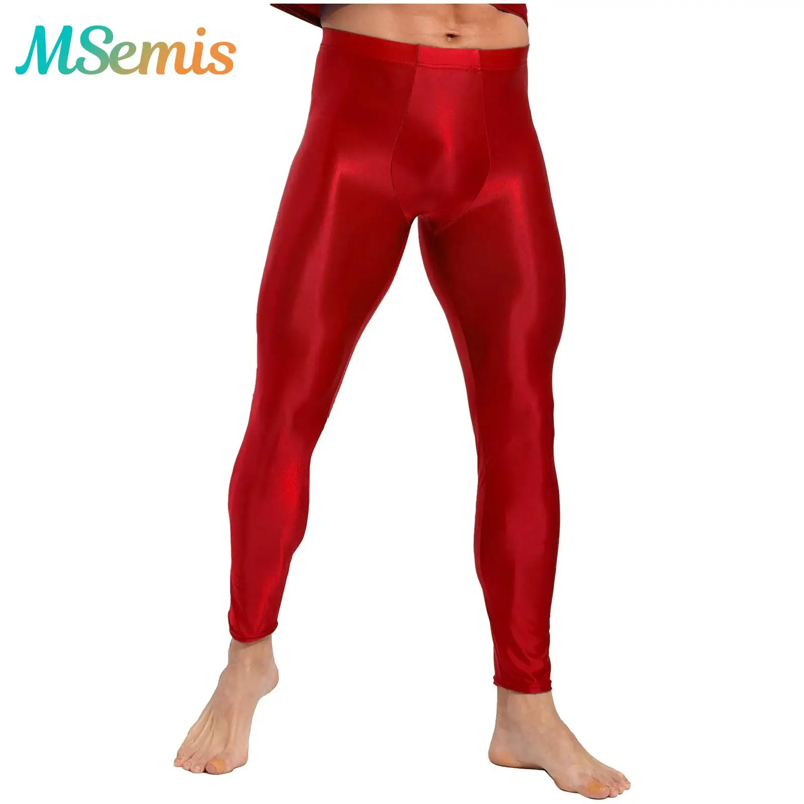 Mens Oil Glossy Solid Color Leggings Elastic Waistband Skinny Tights Sports Compression Pants Yoga Exercise Running Gym Fitness