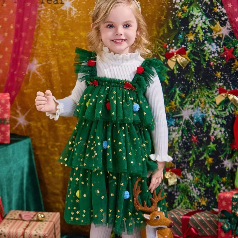 Kids Baby Girls Dress Christmas Cosplay Christmas Tree Cute Five-pointed Star Plush Ball Stage Performance Costume Tiered Dress