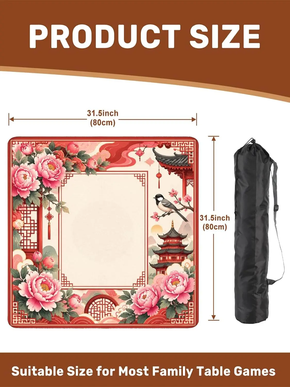 31.5 Inch Luxury Gaming Mat Neoprene 3mm Chinese Peony Pagoda Floral Frame Non Slip Noise Reduction for Mahjong Card Games