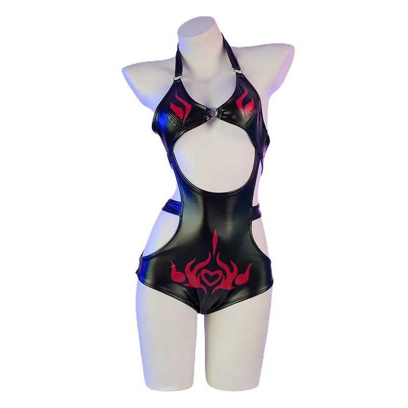 

New Sexy Cosplay Cyber Assassin Leather Jumpsuit Anime Succubus One Piece Swimsuit Patent Leather Flame Print Swimwear Outfits
