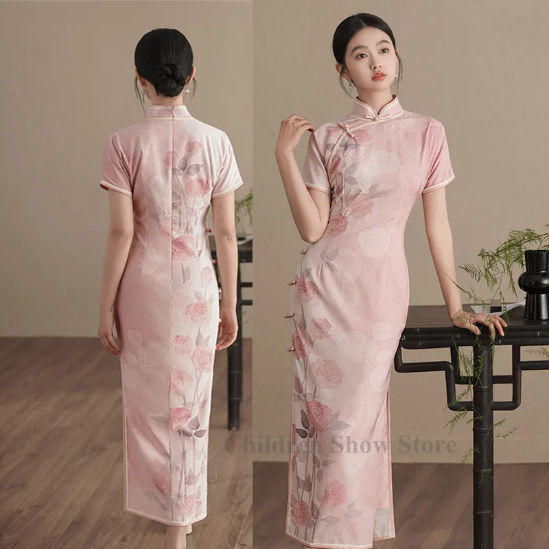 

Pink Print Cheongsam Long Vestidos Women Cotton Chinese Style Dress Gown You Lady Summer New Qipao Improved Cheongsams