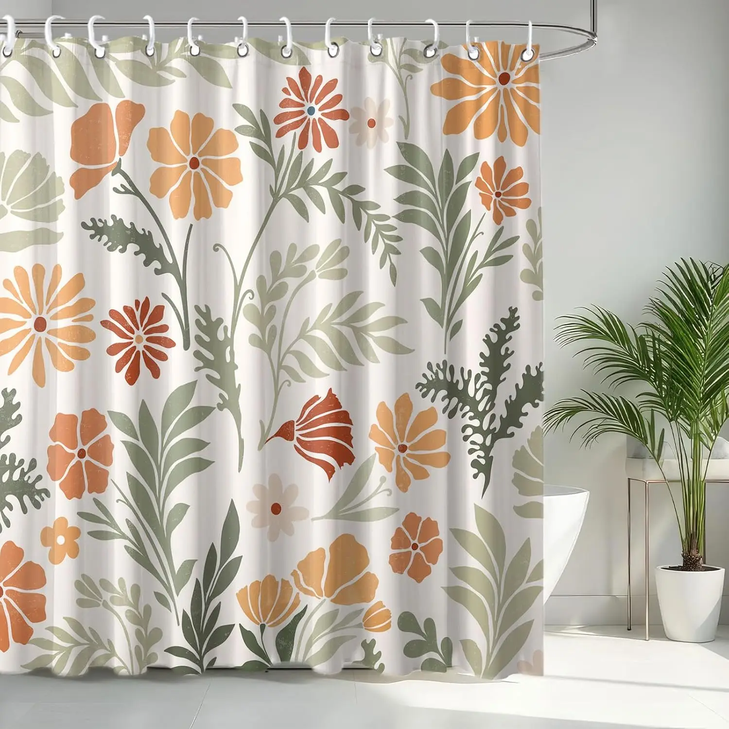 Boho Retro Floral Shower Curtain, Yellow Green Groovy Botanical Bohemian Waterproof Bathroom Curtain 72x72 Inch With Hooks