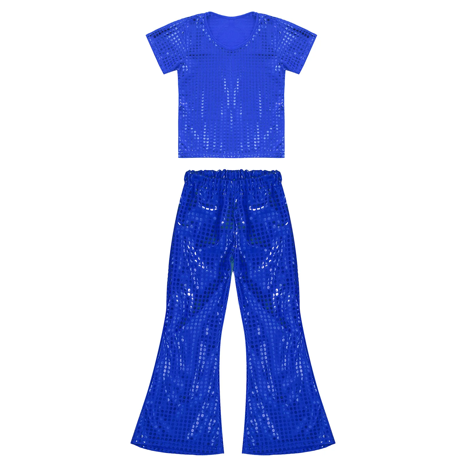 Kids Boys Girls Hip Hop Jazz Street Dance Outfits Shiny Sequins Elastic Waistband Trousers T-shirt Top Set Performance Costume