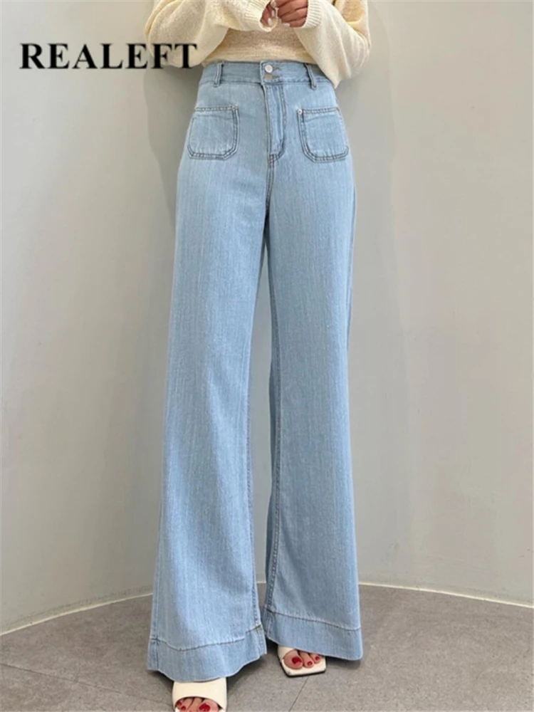 

REALEFT Spring Summer Double Pockets Women's Denim Wide Leg Pants 2023 New High Waist Casual Blue Cowboy Jeans Trourses Female