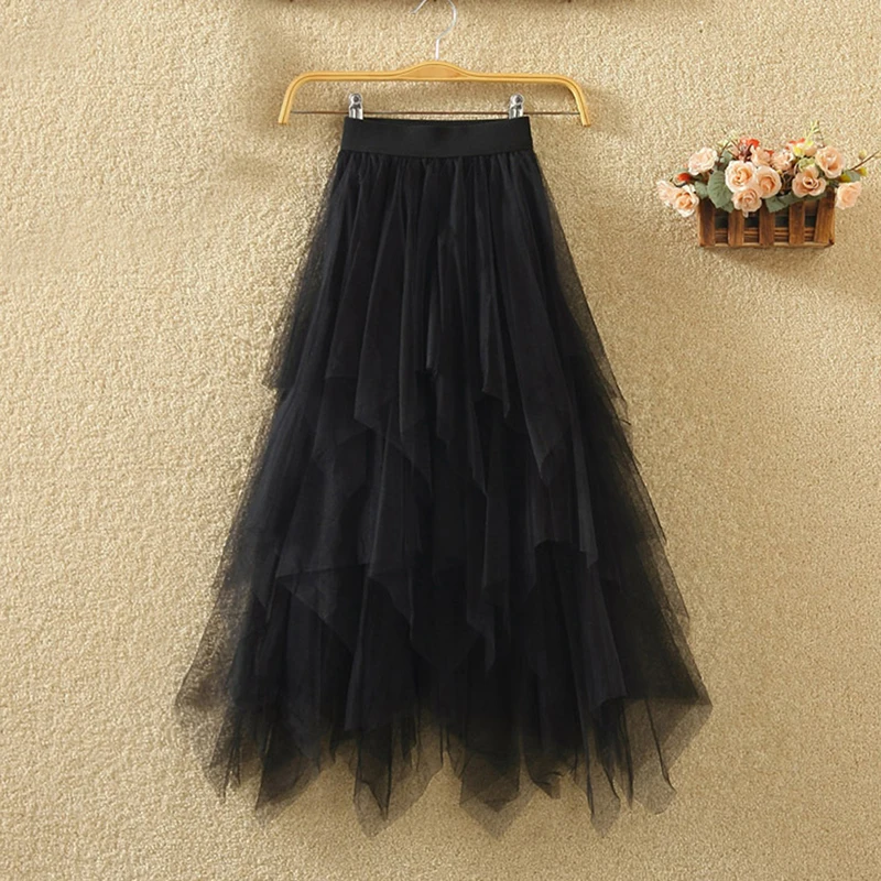 Women Irregular Tulle Skirts Fashion Elastic High Waist Mesh Tutu Skirt Pleated Long Skirts Midi Skirt Saias Faldas Jupe Femmle