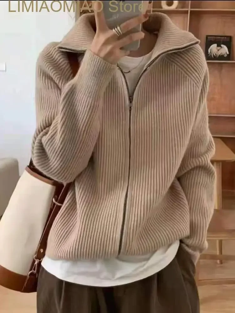 Nueva moda, suéteres para mujer, Otoño Invierno, cárdigan liso con solapa, Top de punto para mujer, suéter corto, abrigo, ropa de mujer, prendas de punto