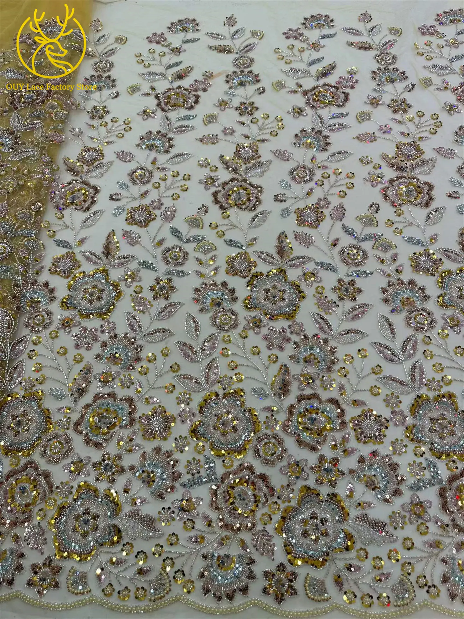 2026 Modische Afrikanische Bräutigam-Spitzenstoffe mit Stickerei und Perlen, 5 Yards Französischer Tüll mit Pailletten, Nigerianischer Spitzenstoff für Hochzeitskleider – Detail 7