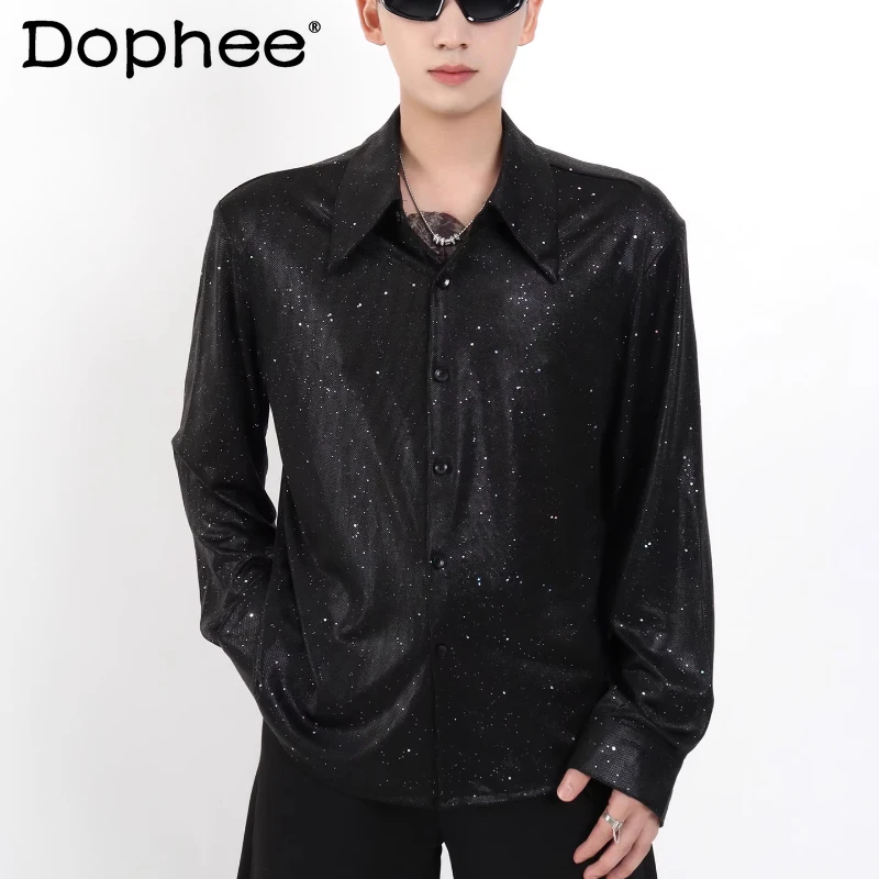 

Fashion Blingbling Sequined Long-sleeve Shirts Men's 2025 Autumn New Starry Sky Handsome Shoulder Padded Tops Trendy Male Shirts