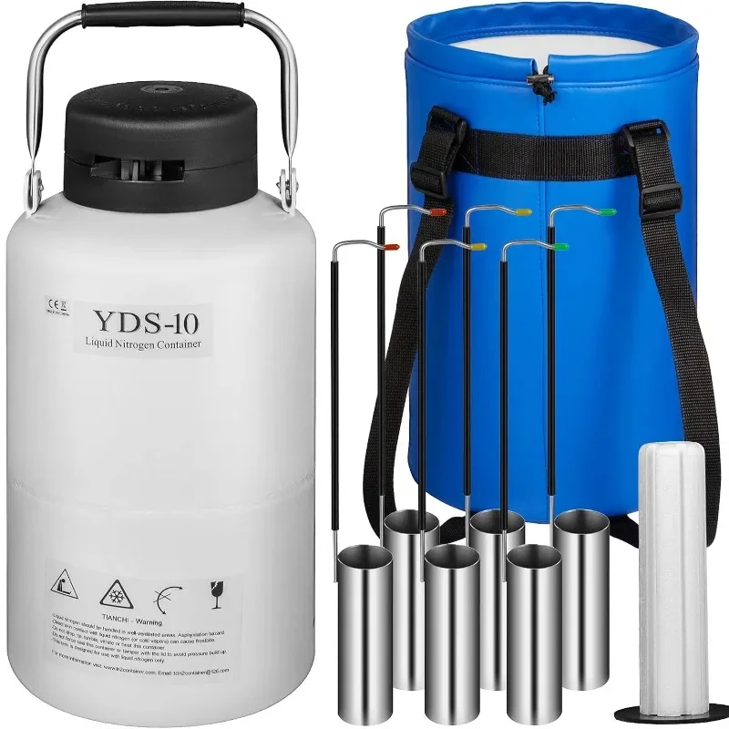 Liquid Nitrogen Container 10L Aluminum Alloy Liquid Nitrogen Tank Cryogenic Container with 6 Canisters and Carry Bag