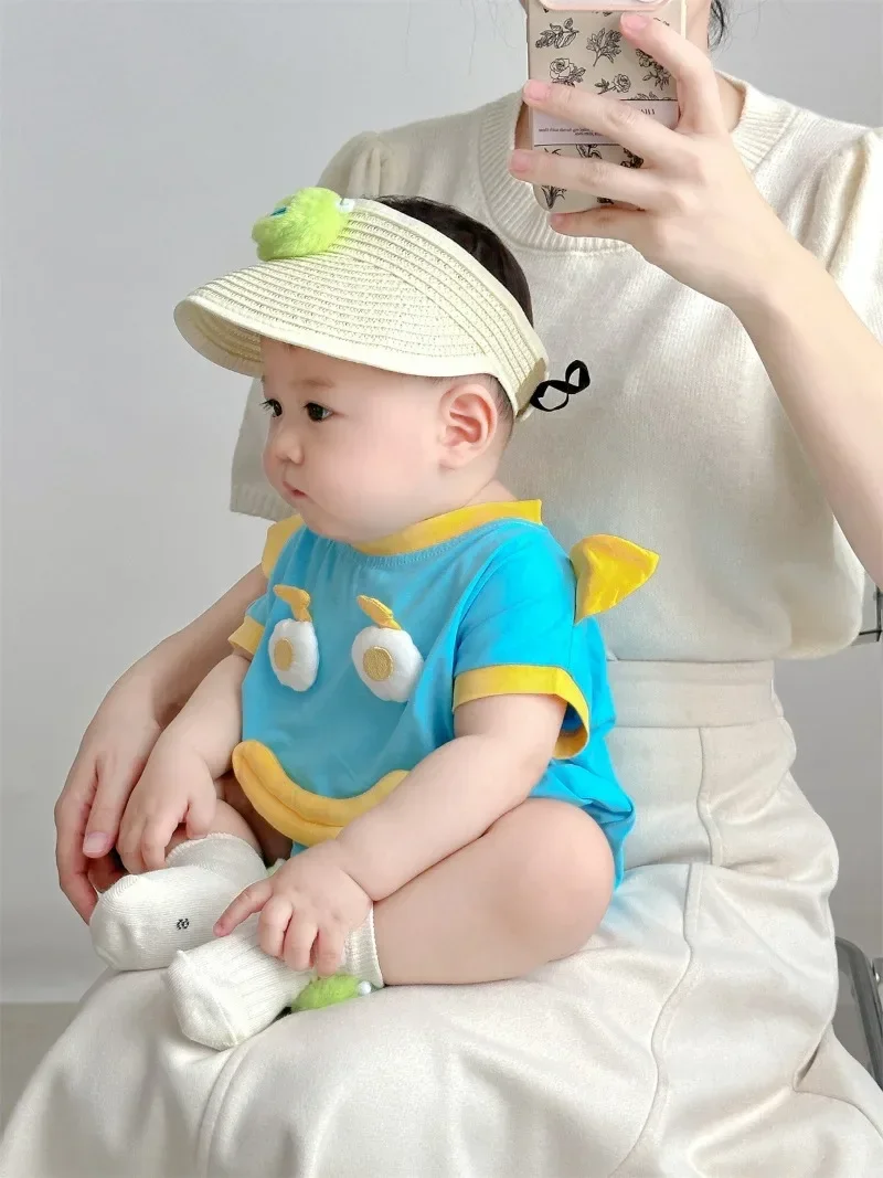 Newborn Boys Girl Rompers Sock Hat 3pcs Set Blue Cartoon Disney Jumpsuit Infant Costume Short Sleeve Bodysuits K555-2