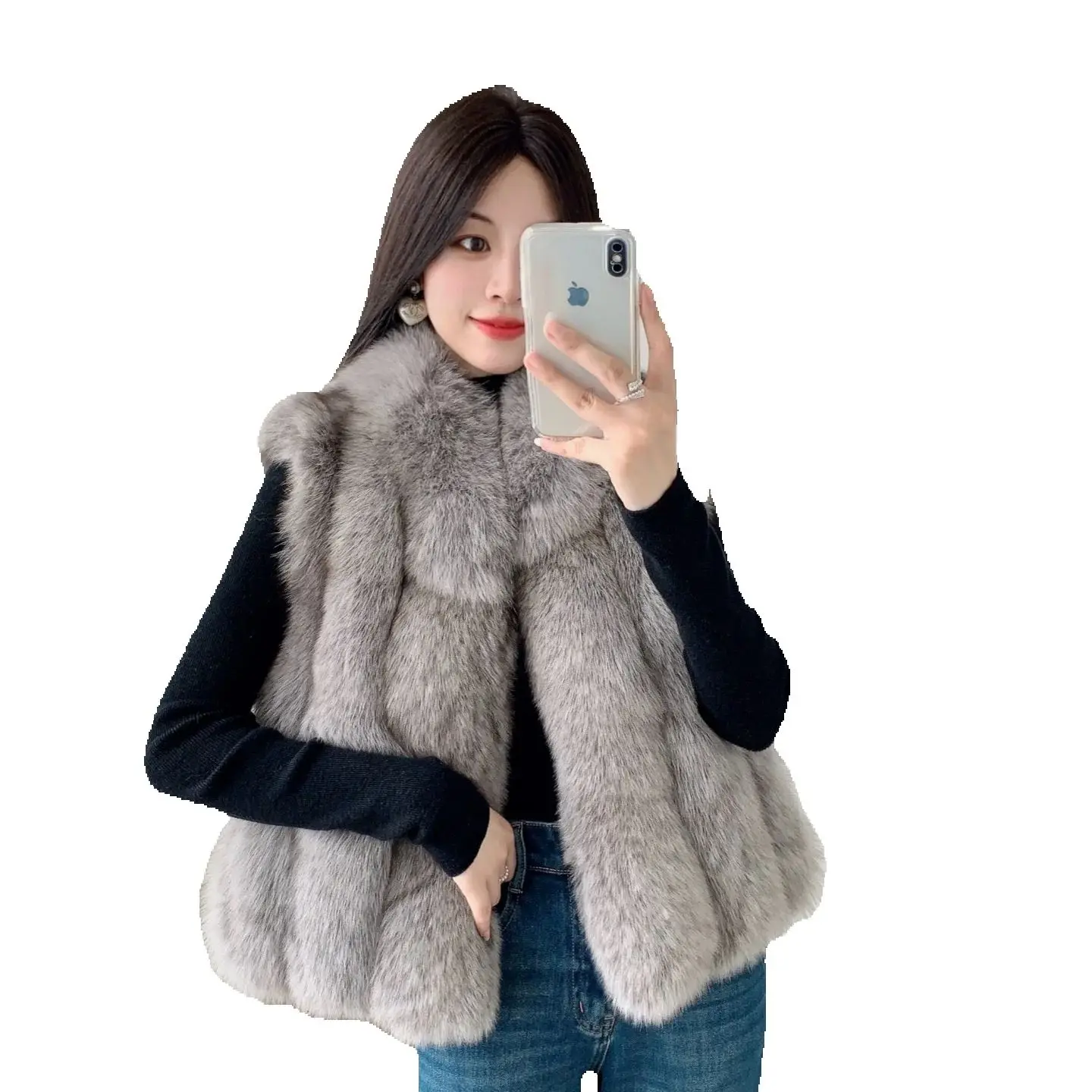 New Autumn/Winter 2025 Jeju Snow Land Finnish whole leather fox fur fur vest, stand-up collar, vertical row short women's vest