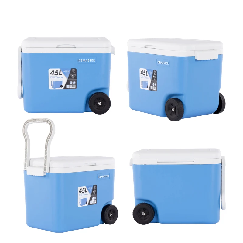 

45L food grade plastic wheeled cooler box modern portable cold/warm insulation fishing custom logo and printing