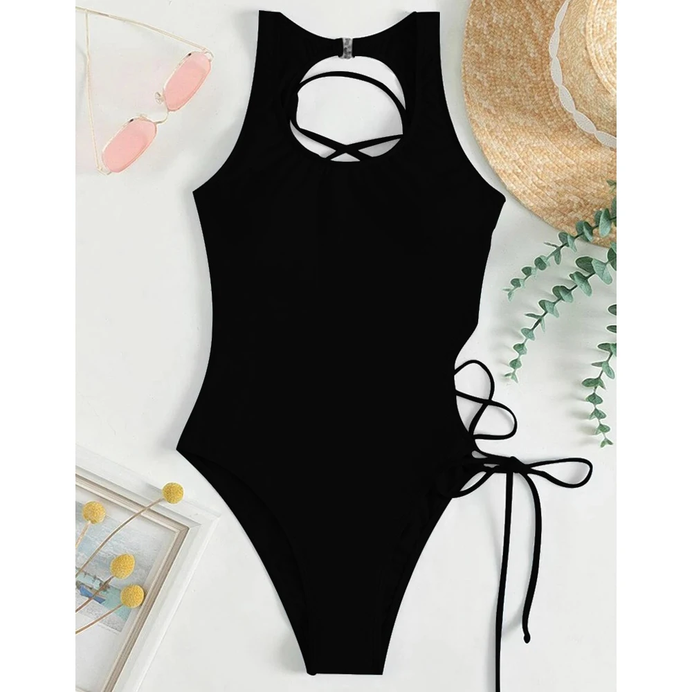 VigoCasey 2024 Solid High Cut Swimwear Women Sexy Backless Cross Hollow Tied One Piece Swimsuit Monokini Beach Bathing Suit