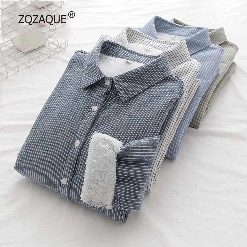 

2023 Autumn Winter New Japanese Literature and Art Plush Striped Shirt for Women Warm Thickened Basic Loose Shirts Tops S029