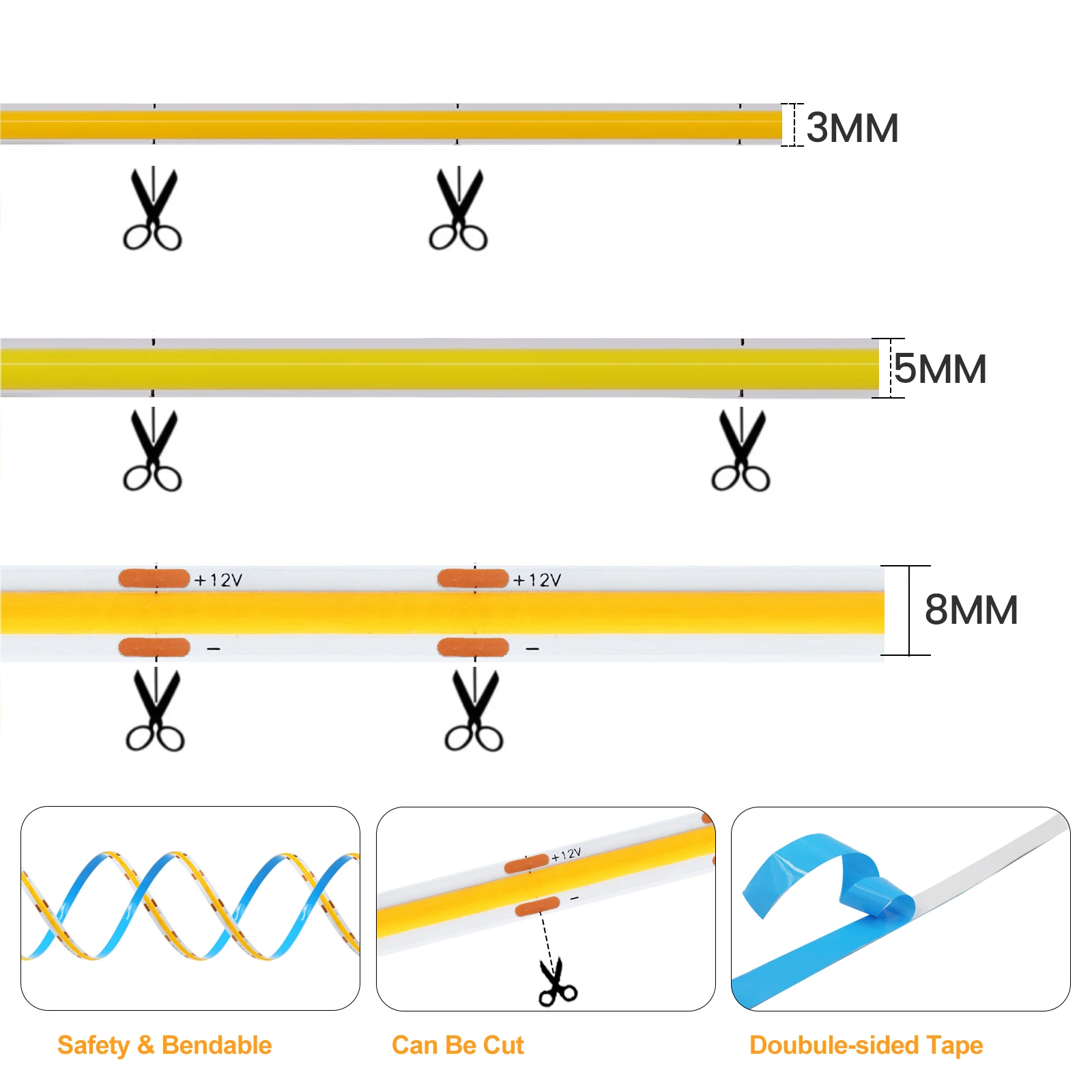 DC 12V 5V COB Strip 320Leds/M Width 3MM 5MM 8MM High Density 3000K 4000K 6000K White Flexible Ribbon Rope LED Light