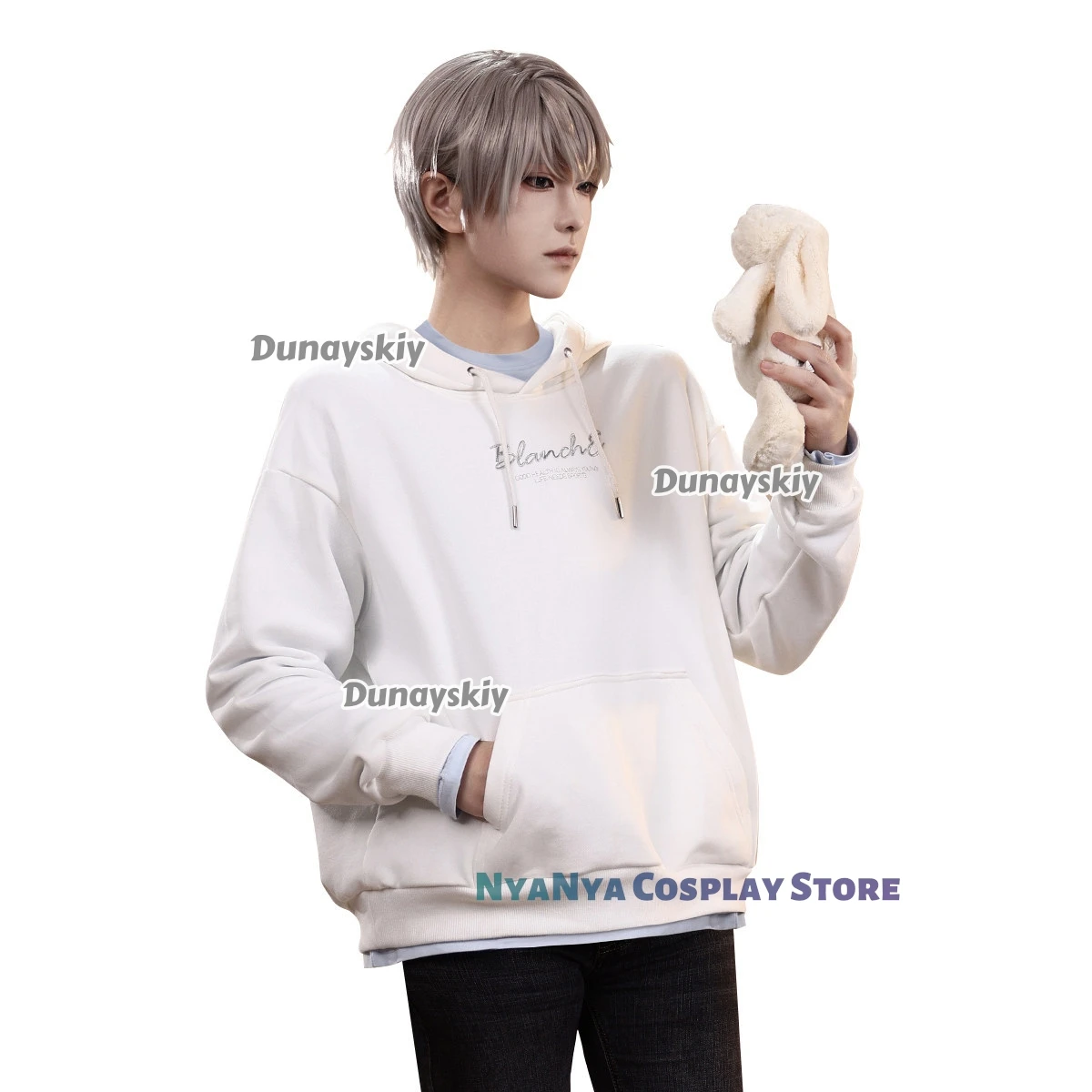 

Love and Deepspace Xavier Cosplay Hoodie White Casual Pullover with Embroidered Text Daily Campus Outfit Halloween Game Costume