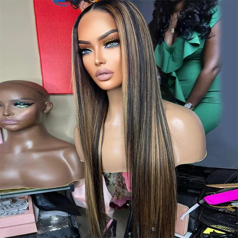 

28inch Highlight Brown Silky Straight Glueless 5x5 Silk Base Jewish Human Hair Wig With Baby Hair European Hair Preplucked Wig