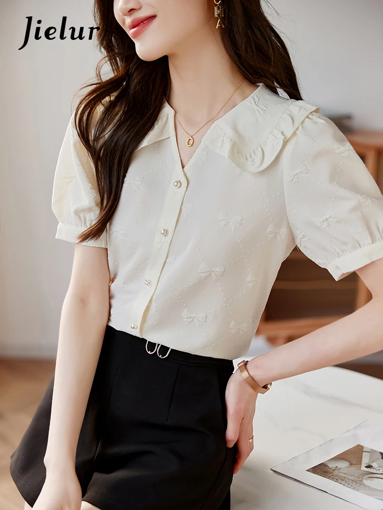 Jielur Korean Style Slim Puff Sleeve Female Blouse Chiffon Button Peter Pan Collar Women Blouses Office Lady Solid Color Shirt