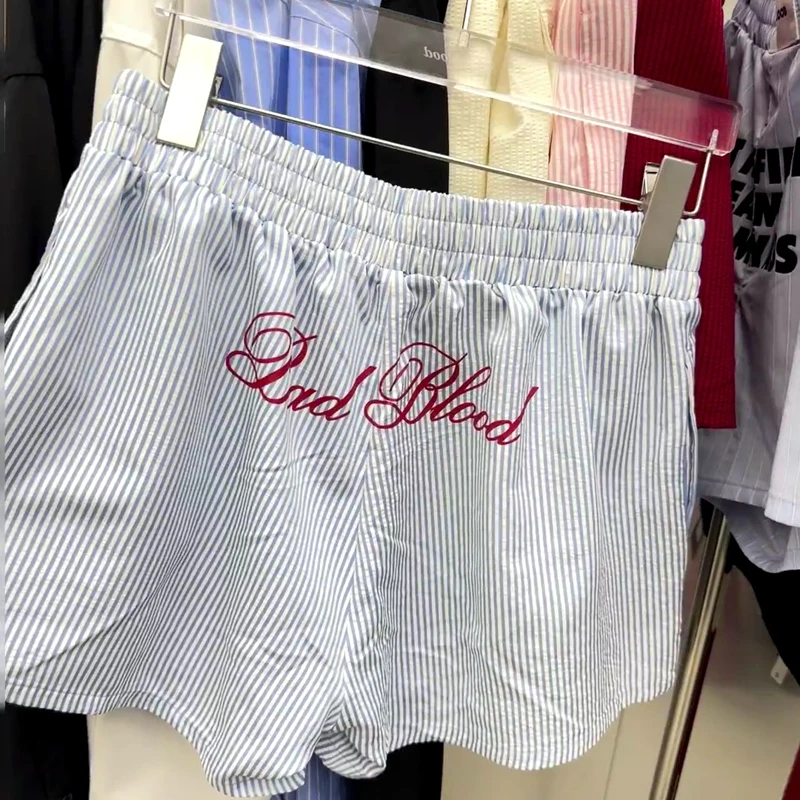 

New Korea Fashion Badblood Casual Shorts Women's Vertical Stripes Loose Letter Logo Print Vintage Short Pants