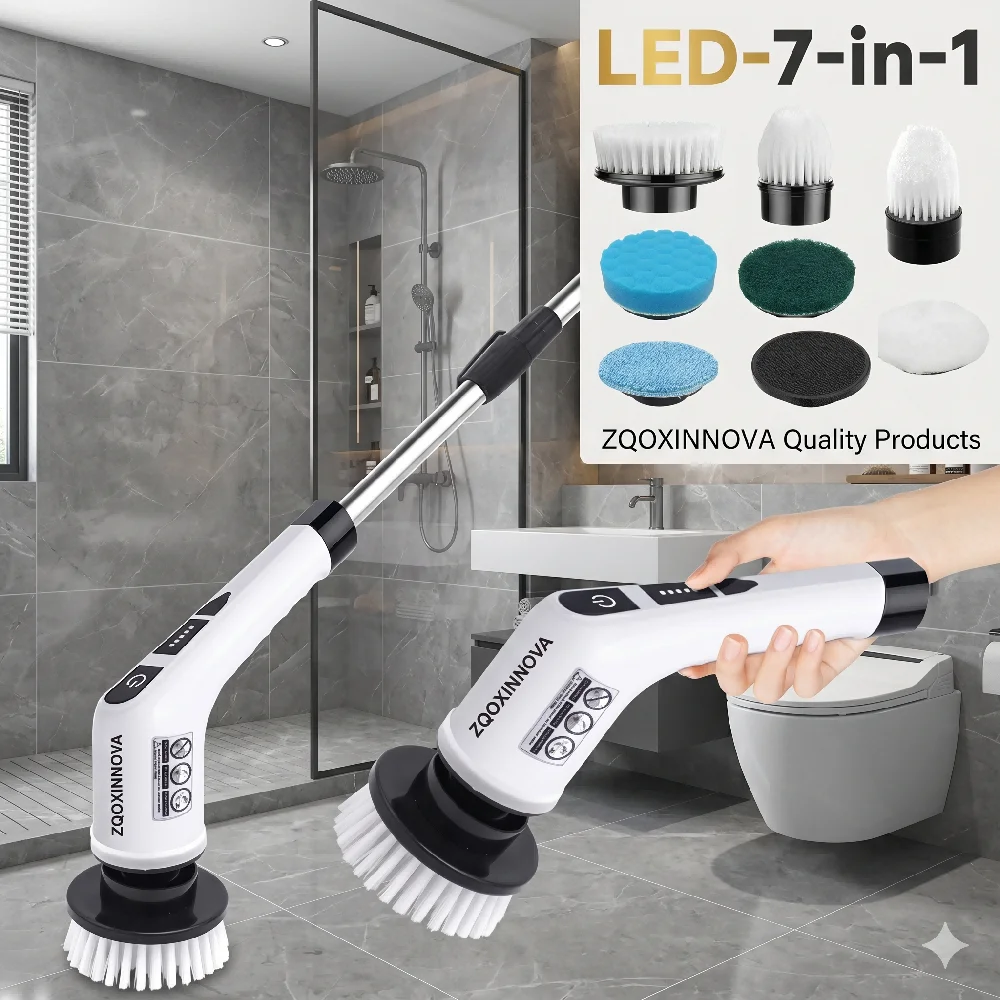 

7 In 1 Electric Cordless Spin Scrubber LED Display Telescopic Handle Rechargeable Cleaning Brush Tools Bathroom Floor Tub Shower