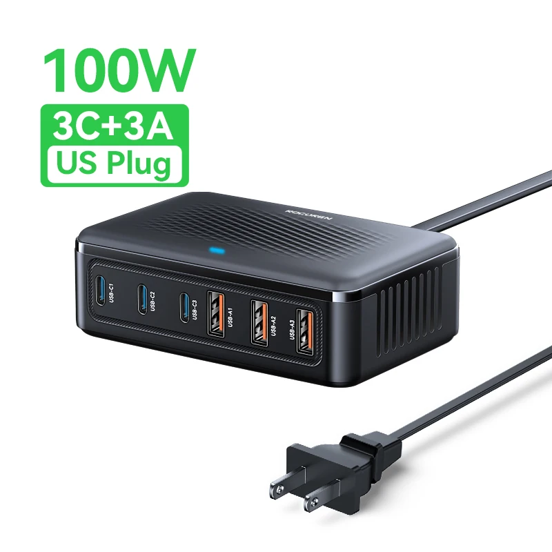 Rocoren USB-Ladegerät 100 W GaN-Ladegerät 6-Ports Desktop-Schnellladung Typ-C-Ladegerät Tragbares Kraftwerk für iPhone Xiaomi POCO