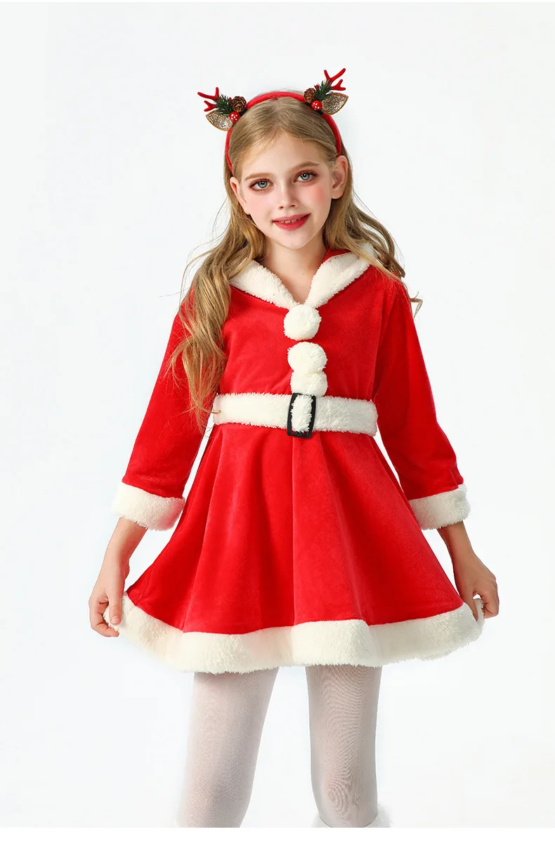 Weiches Samtkleid für Kinder mit Weihnachtsmann-Motiv, Kapuze, Weihnachtskostüm, Weihnachtsfeier, Bühnenauftritt, Show, Cosplay, Rock, Outfit – Detail 18