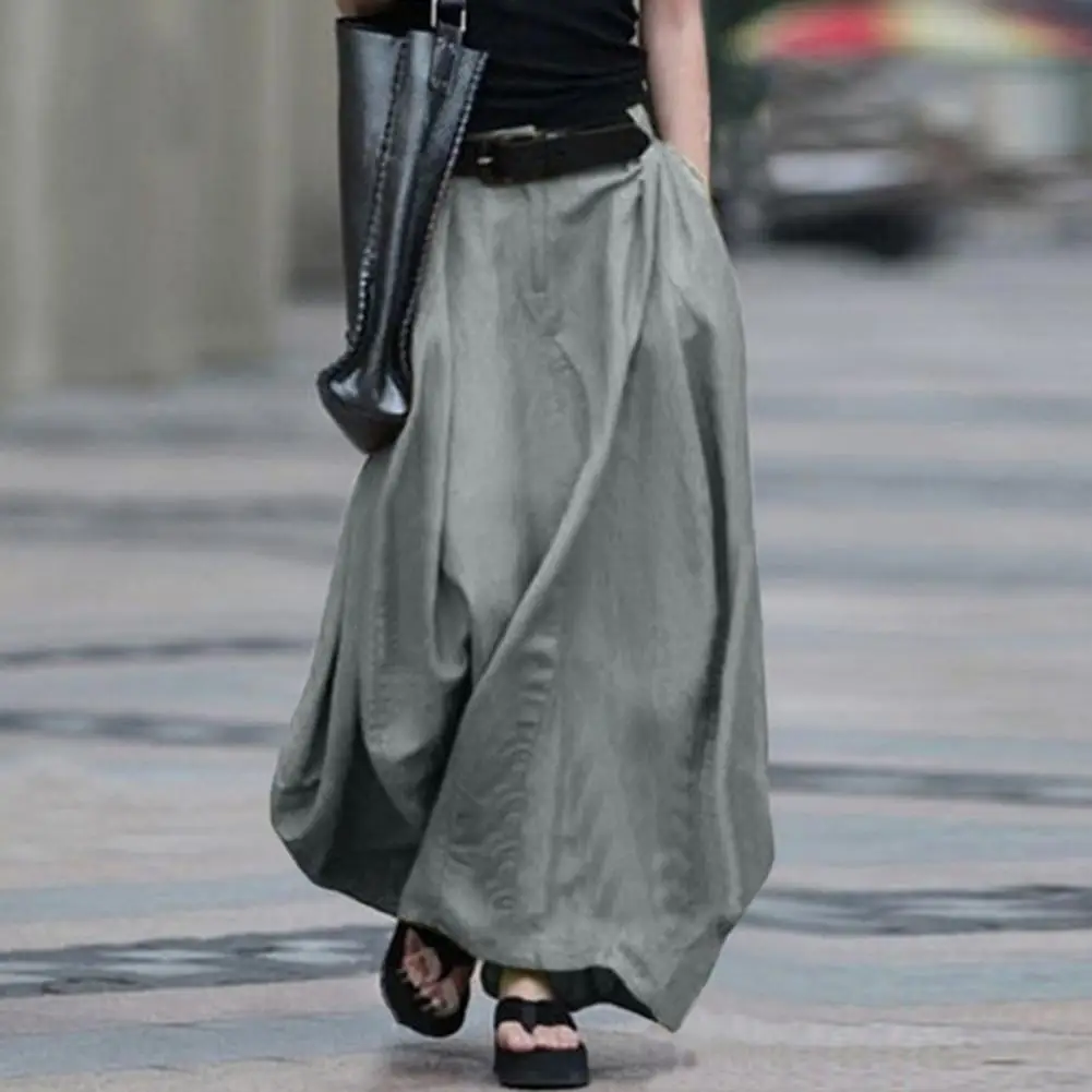 

Women Maxi Skirt Summer Elastic High Waist Button Zipper Fly Long Skirt A-Line Solid Color Large Hem Long Skirt For Daily Wear