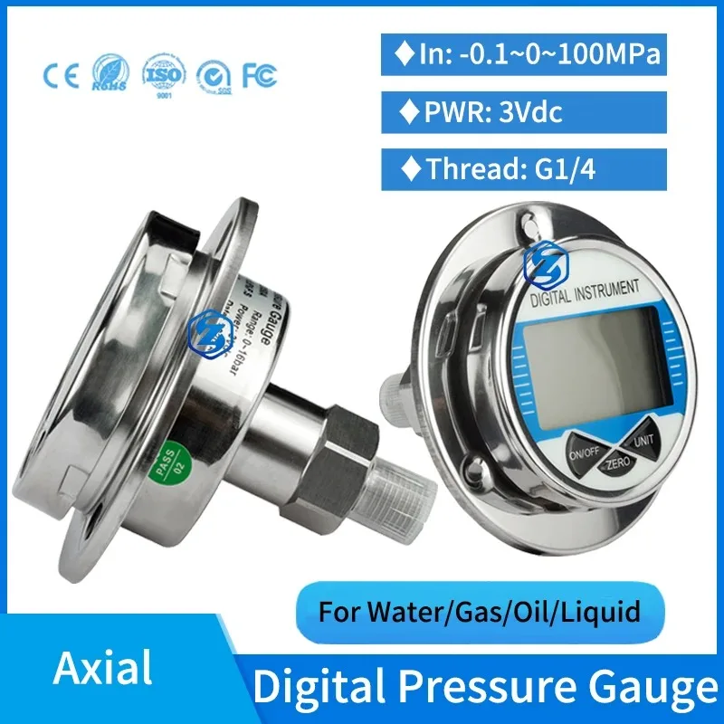 0-1000bar Hydraulic Vacuum Digital Pressure Gauge Axial G 1/4 Male Connector Oil Gas Water Pressure Gauge 4'' Manometer