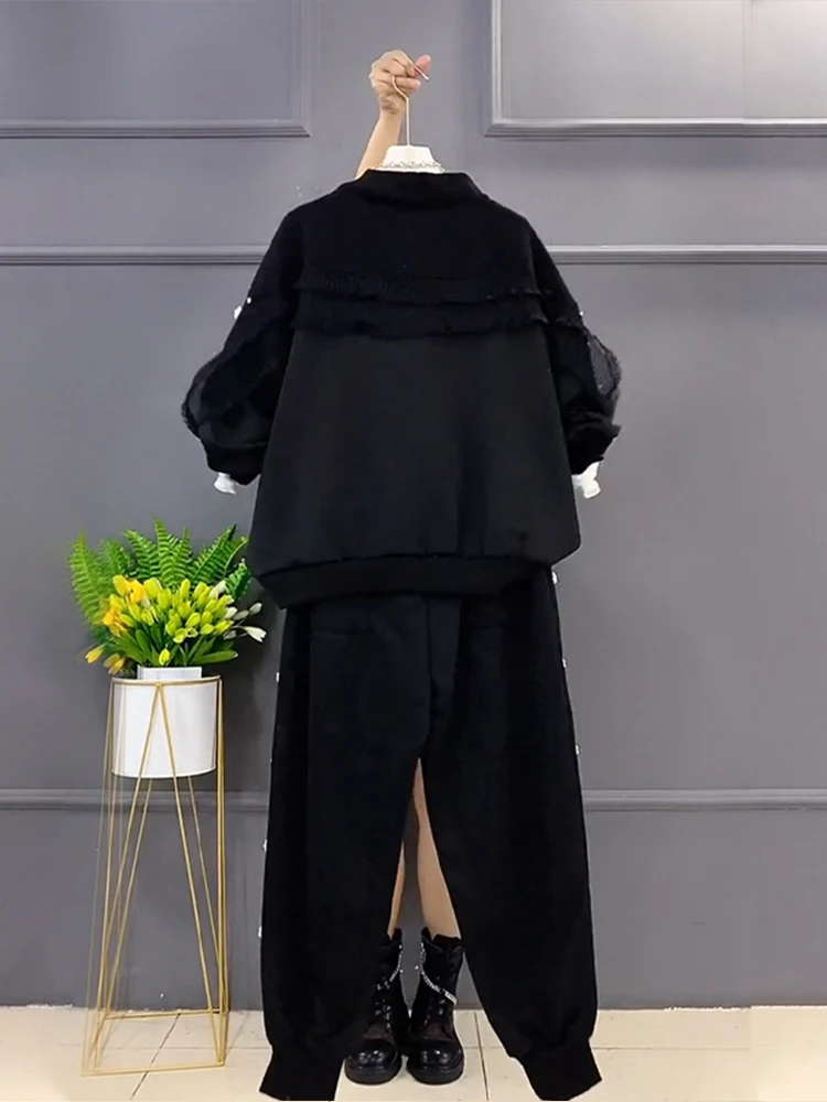 2023 Spring New Elegant V-neck Diamond Lace Knitted Coat Women Black Sweatpants Two-Piece Suit Fashion Bead Tracksuit Oversized