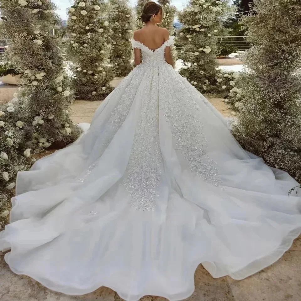 Luxury Customized Off Shoulder A-line Wedding Dresses Shiny Appliques Sweep Train Vestido De Novia Lace Sequined Bridal Gown