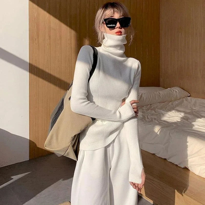 Women Sweater Knitted Turtleneck Fashion 2022 Autumn Winter High Street White Pullover Female Elegant Finger-tufted Jumpers 3XL