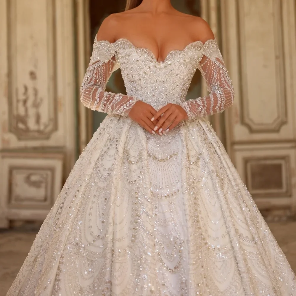 Vestidos de novia clásicos con hombros descubiertos, manga completa, corte en A, vestidos de novia personalizados