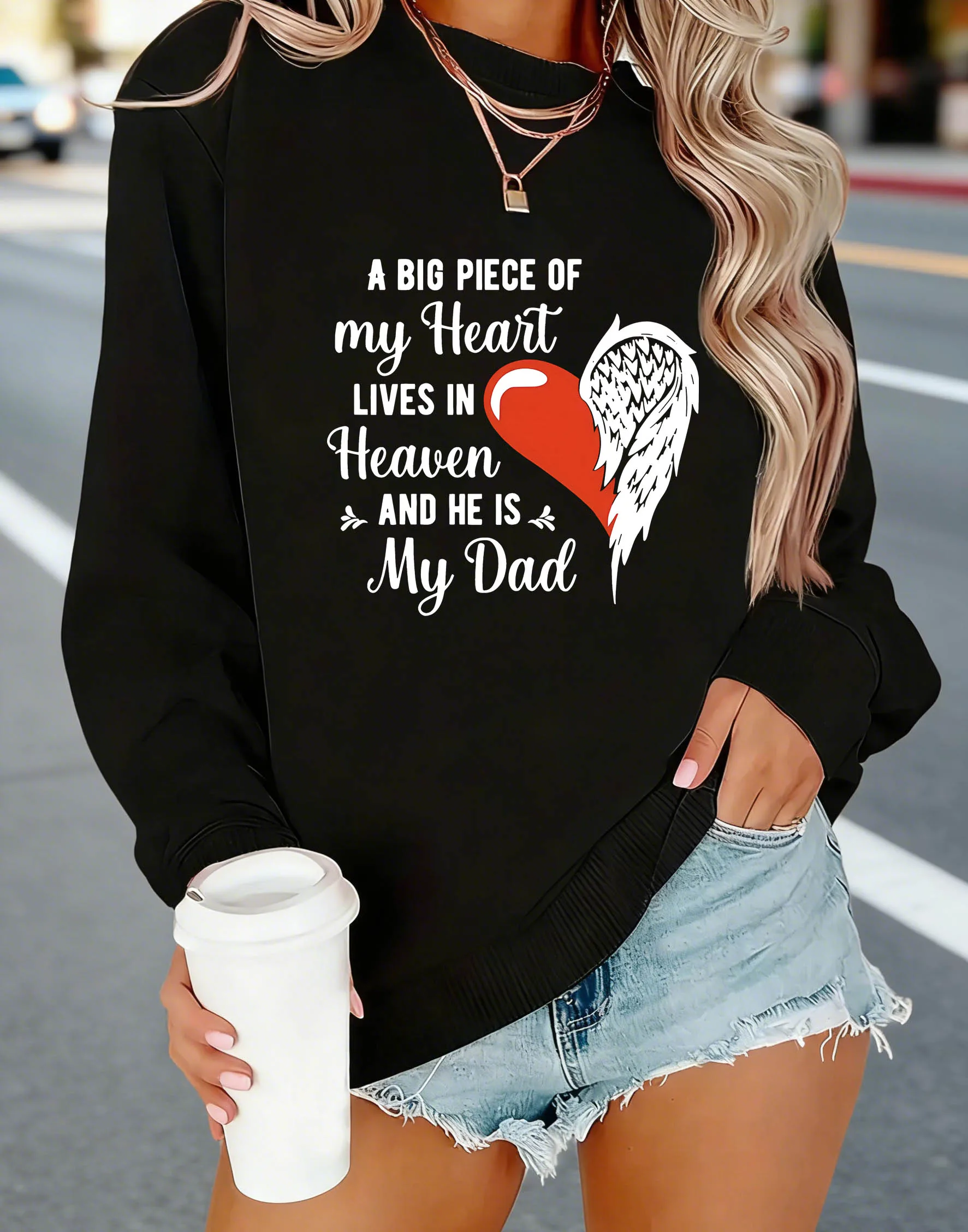 Women's Sweatshirt A BIG PIECE OF my Heart LIVES IN Heaven AND HE IS My Dad Letter Print Crew Neck Casual For Fall & Spring