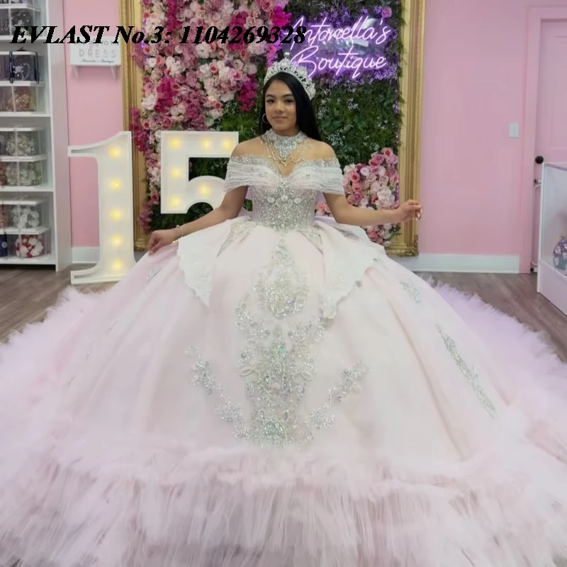 

EVLAST Customized Luxury Pink Lace Ball Gown Quinceanera Dress Applique Beading Tiered Sweet 16 Vestidos 15 De XV Años E3Q918