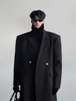 Mauroicardi Men's Extra-Long Double-Breasted Trench Coat 3 Mauroicardi Spring Autumn Extra Long Black Flowy Trench Coat Men Shoulder Pads Double Breasted Loose Casual Korean Fashion 2025 3