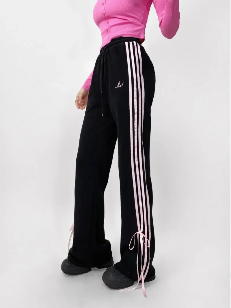 

Girl Style Bow Tie Casual Pants For Women 2024 With Contrasting Color Stripes On The Side, Straight Leg, Micro Flared Long CII1