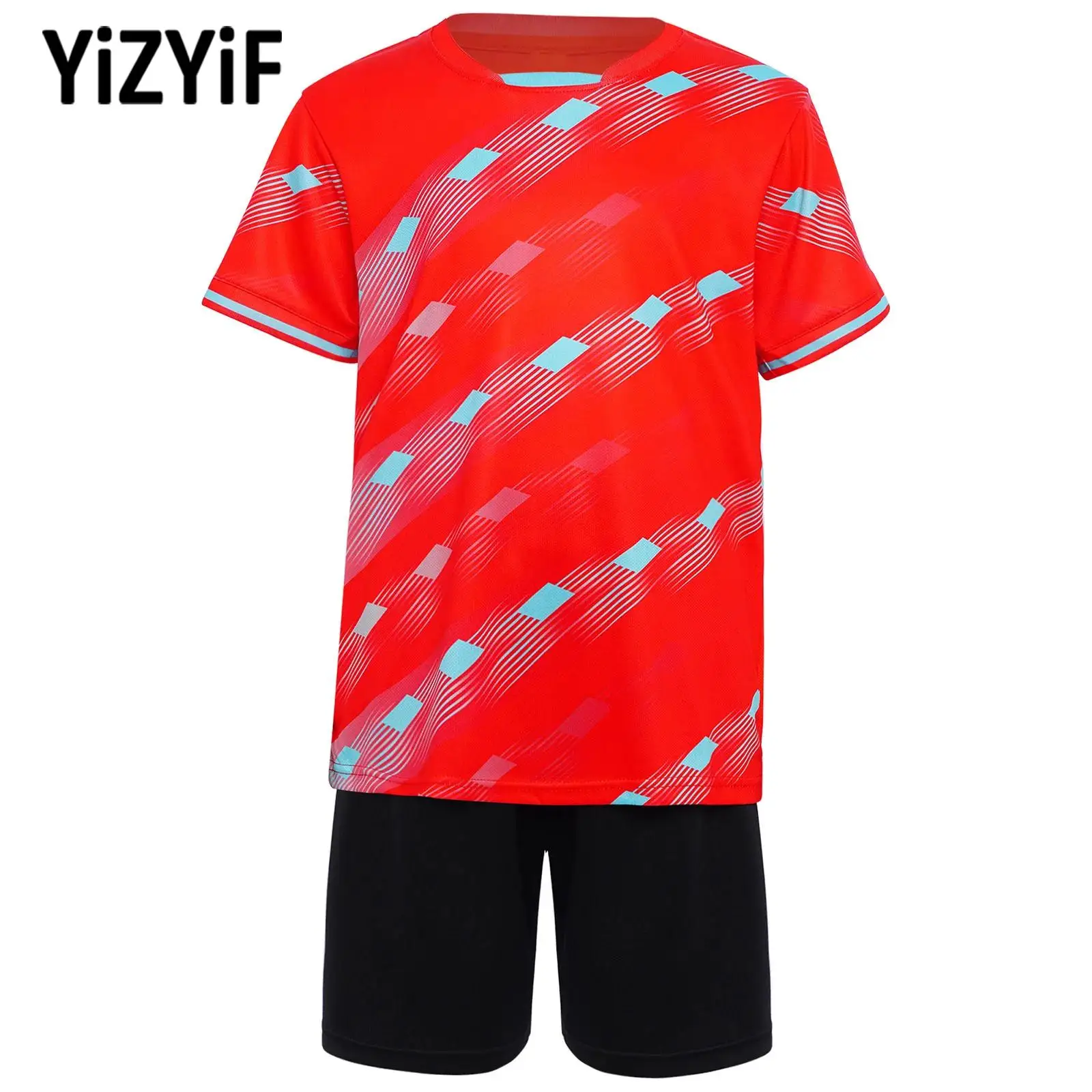 

Children's Breathable Sports Sets Boys Fashion Sports Clothing Short Sleeve Striped T-shirt with Shorts for Football Basketball
