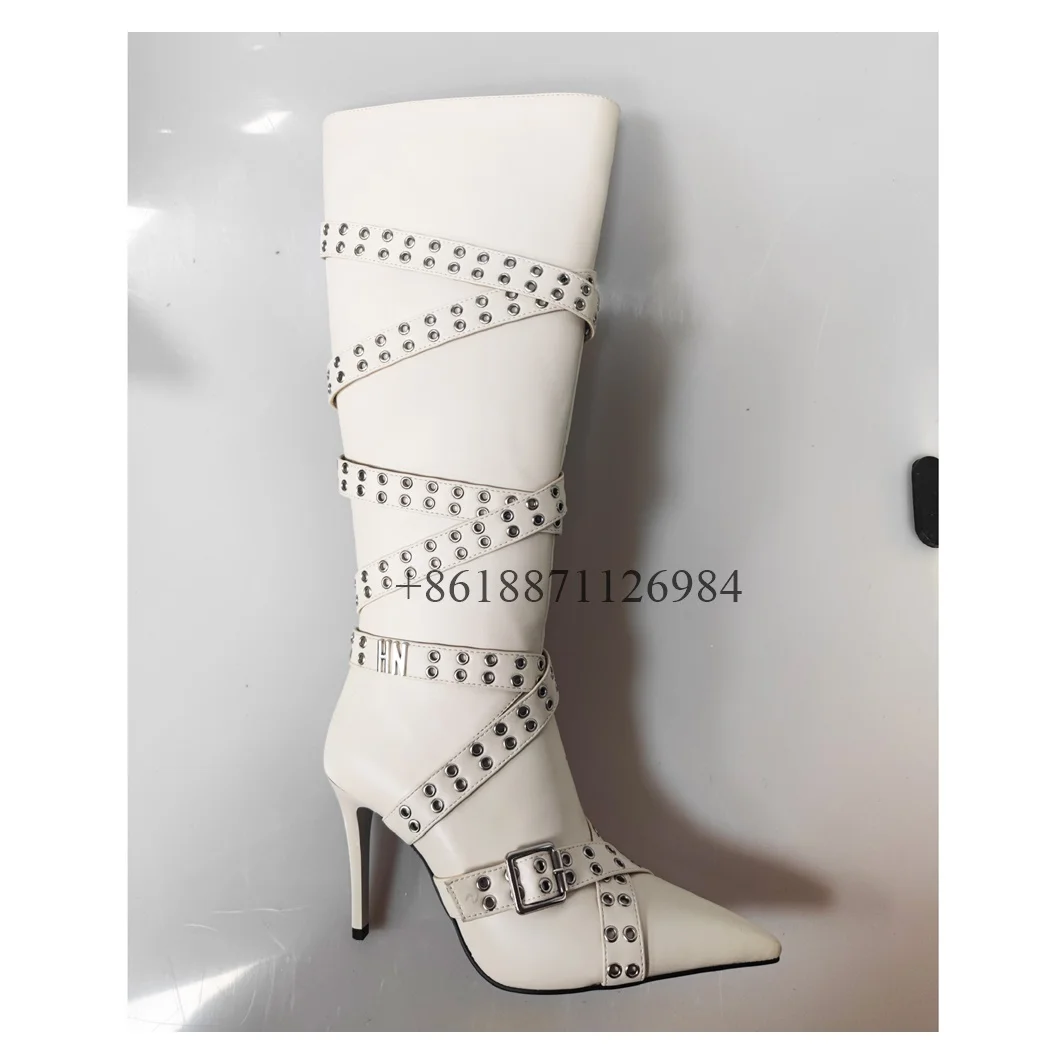 2023 Design Pointed Toe Leather Buckle Boots Women Stiletto High Heel Studed Knee High Gladiator Boots Fashion Lady Dress Shoes