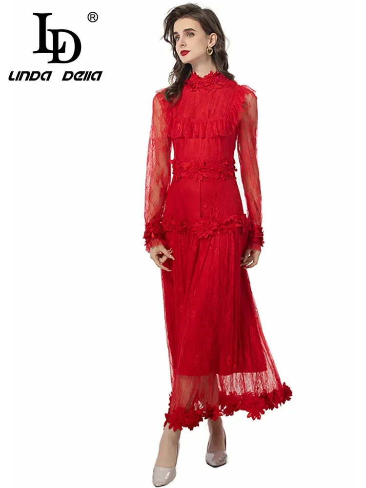 LD LINDA DELLA 2024 Summer Fashion Dress Women Vintage Solid Color Flowers Appliques Lace Net Yarn Embroidery Temperament Dresse