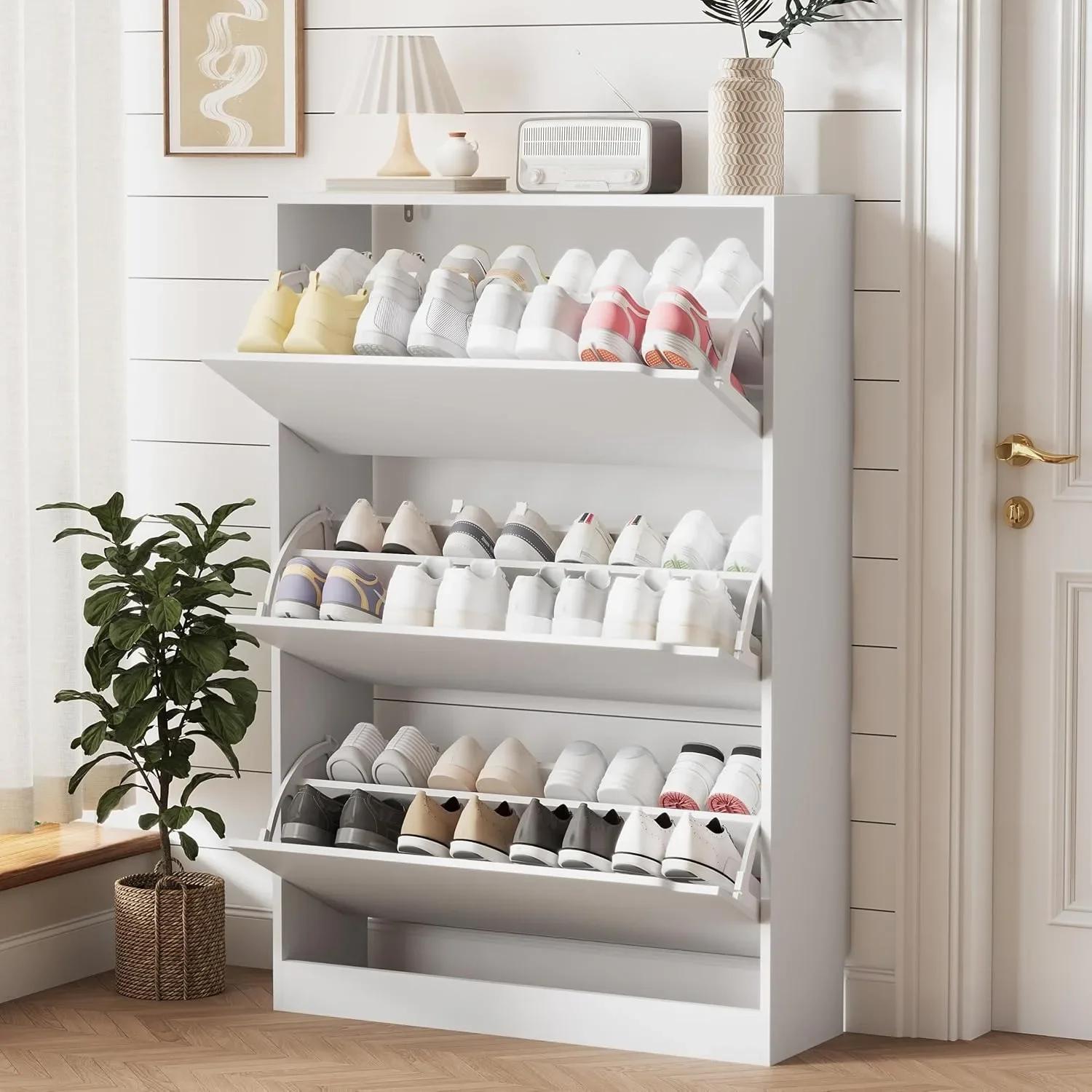 Sturdy Wood Shoe Storage Cabinet for Entryway with 3 Flip Drawers Freestanding Narrow Slim Shoe Organizer for Hidden Customized