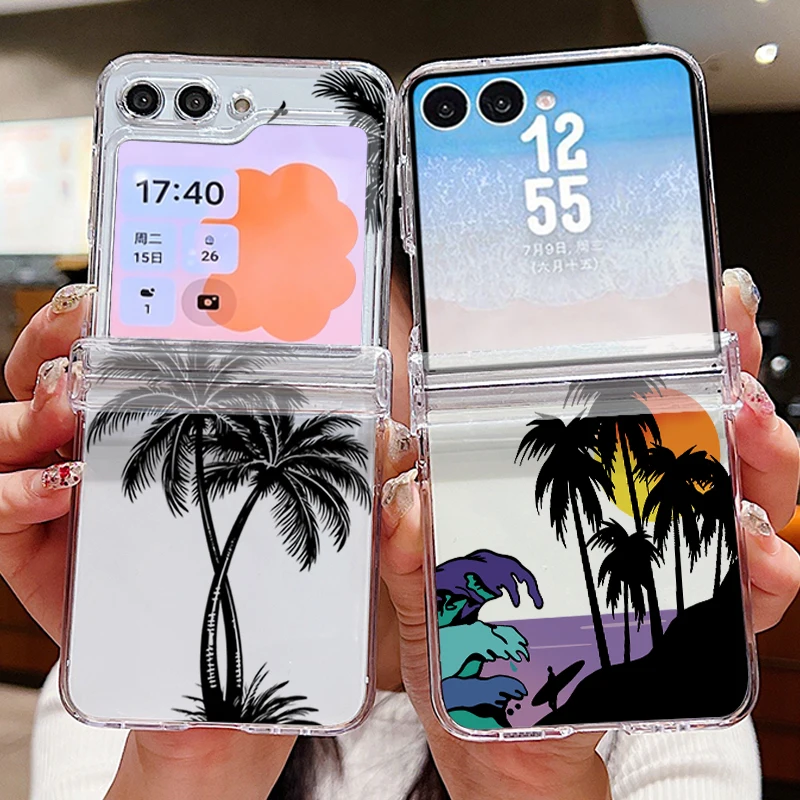 Coconut Tree Pattern Phone Case For Samsung Galaxy Z Flip 7 6 5 4 3 5G Flip7 Flip6 Flip5 Clear Shockproof Folding Hard PC Cover